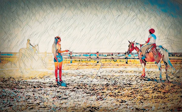 Menina treina cavalo em um belo dia de verão e estrutura em mosaico. — Fotografia de Stock