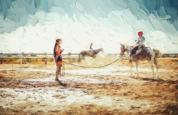 Dziewczyna trenuje konia w piękny letni dzień. Efekt malowania. — Zdjęcie stockowe