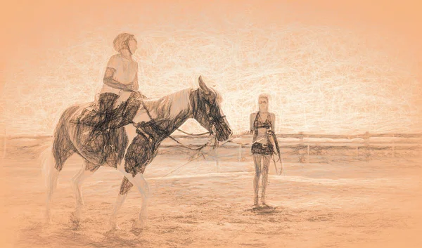 女の子は美しい夏の日に馬を訓練し. — ストック写真