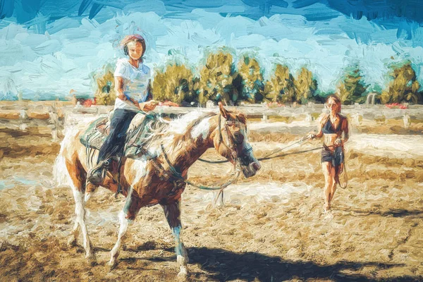 女の子は美しい夏の日に馬を訓練します。絵画効果. — ストック写真