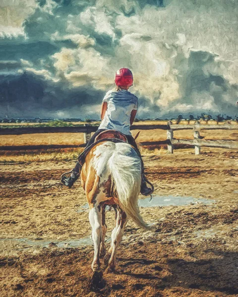 Mädchen trainiert Pferd an einem schönen Sommertag. Malerei-Effekt. — Stockfoto