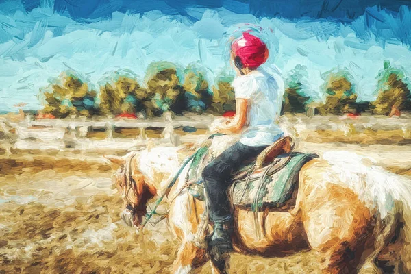 Menina treina cavalo em um belo dia de verão. Efeito de pintura. — Fotografia de Stock