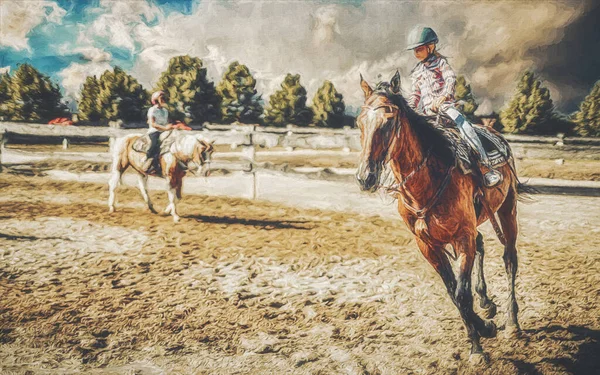 Mädchen trainiert Pferd an einem schönen Sommertag. Malerei-Effekt. — Stockfoto