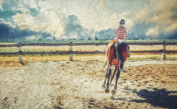 Flicka tränar häst på en vacker sommardag. Målningseffekt. — Stockfoto
