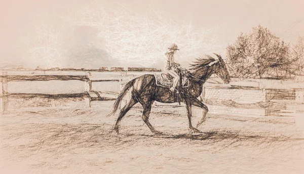 Dívka vlaky kůň na krásné letní den a kreslení efect. — Stock fotografie