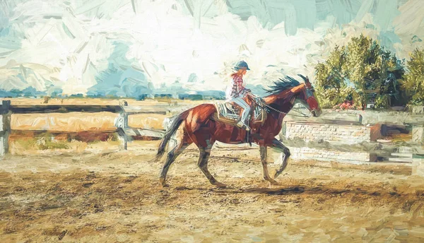 A lány lovakat képez egy gyönyörű nyári napon. Festési hatás. — Stock Fotó