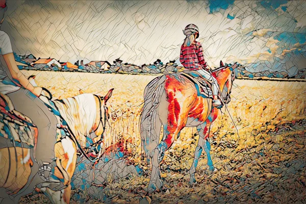 Menina treina cavalo em um belo dia de verão e estrutura em mosaico. — Fotografia de Stock