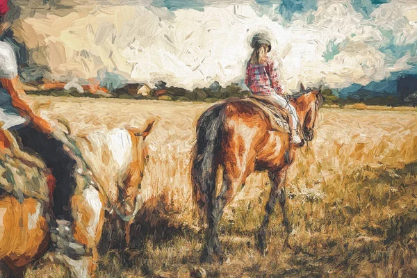 Menina treina cavalo em um belo dia de verão. Efeito de pintura. — Fotografia de Stock