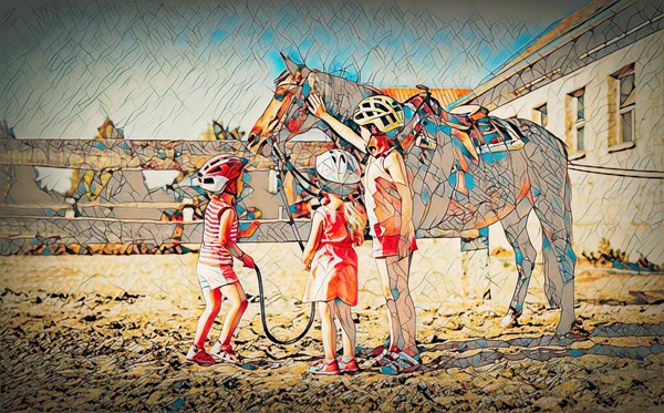 Niños con un hermoso caballo en la naturaleza y la estructura de mosaico. — Foto de Stock