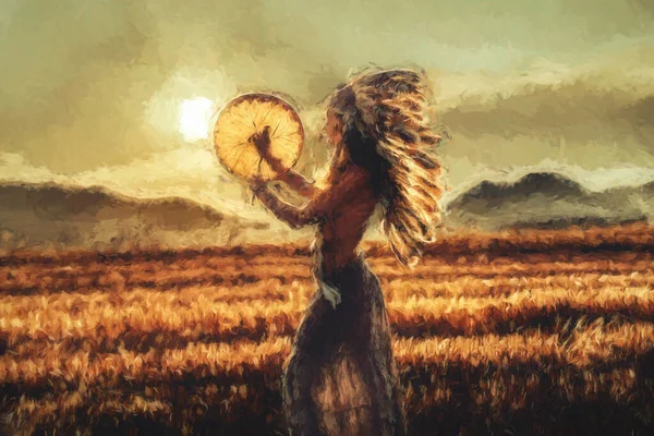 Şaman çerçeveli davul çalan güzel bir şaman kız. Resim efekti. — Stok fotoğraf