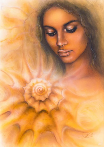 Beautiful airbrush portrait of a young woman with closed eyes meditating upon a spiraling seashell — Stock Photo, Image