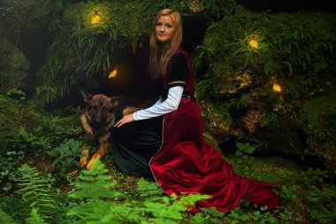Beautiful woman fairy with long blonde hair in a historical gown, with dog clipart