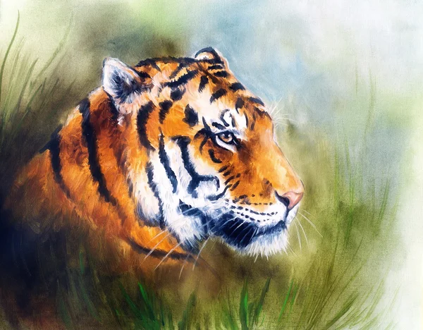 Pintura de una brillante y poderosa cabeza de tigre en un abstracto de tonos suaves —  Fotos de Stock