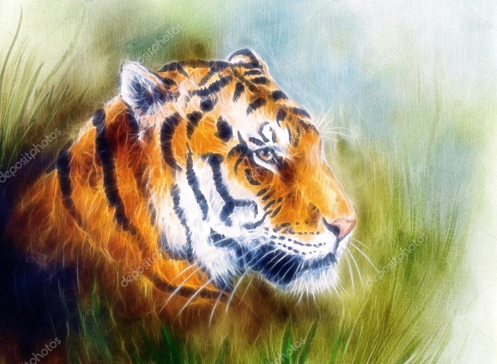 Painting of a bright mighty tiger head on a soft toned bstract gres background, fractal effect