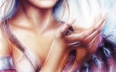 Açık kadın el, fraktal etkisi ile güzel renk paiting