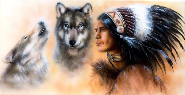 Animals wolf and portrait of american indian in national dress — Stock Photo, Image