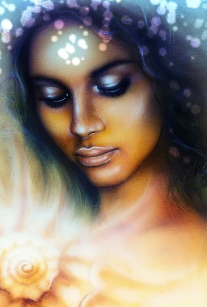 Kapalı gözler giderek bir deniz kabuğu meditasyon olan Hintli bir kadın portresi — Stok fotoğraf