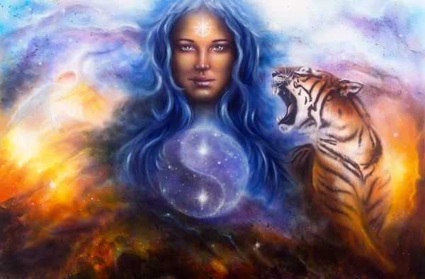 Güzel resim tuval üzerine yağlı boya, uçan bir heron ve kükreyen bir kaplan ile kutsal bir denge koruyan bir kadın Tanrıça lada