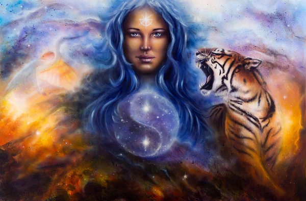 Güzel resim tuval üzerine yağlı boya, uçan bir heron ve kükreyen bir kaplan ile kutsal bir denge koruyan bir kadın Tanrıça lada