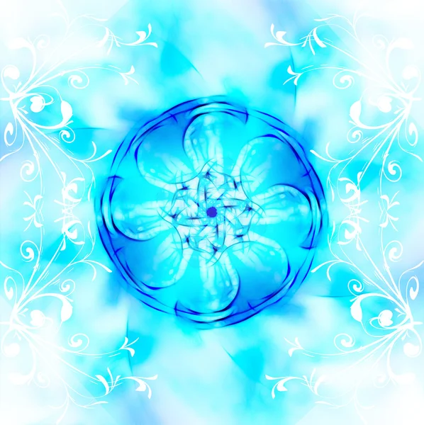 Papel de parede fractal decorativo padrões intrincados de luz azul, fundo com ornamento branco — Fotografia de Stock