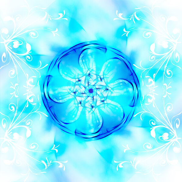 Decorative fractal wallpaper - intricate patterns of blue light , background  with white ornament