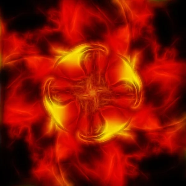 Mandala colorida em um efeito fractal no fundo de fogo vermelho — Fotografia de Stock