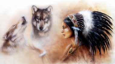Genç bir Hintli kadın avucunun gezinip iki beyaz kurt ruhları bir görüntü bir muhteşem tüy headdress giyiyor güzel airbrush boyama