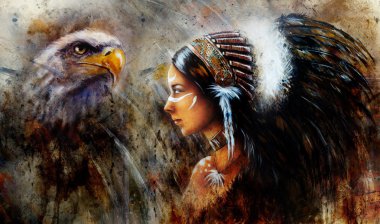 Genç bir Hintli kadın profili portre yapılandırılmış arka plan üzerinde bir büyük tüy headdress giyiyor güzel hissettirilecek resim