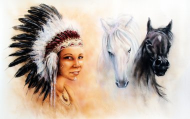 Genç bir Hintli kadın siyah ve beyaz at bir görüntü bir muhteşem tüy headdress giyiyor güzel resim