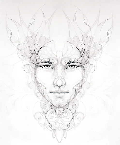 Desenho linear ornamental abstrato da cara do homem, retrato no contato do olho do papel — Fotografia de Stock