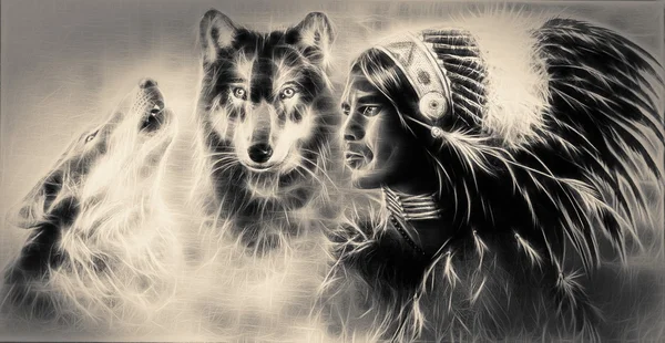 Ein schönes Airbrushgemälde eines jungen indischen Kriegers in Begleitung zweier Wölfe Stockbild