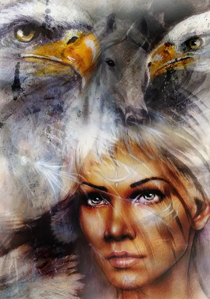 Wanita dengan lukisan elang terbang yang indah ilustrasi Stok Gambar Bebas Royalti