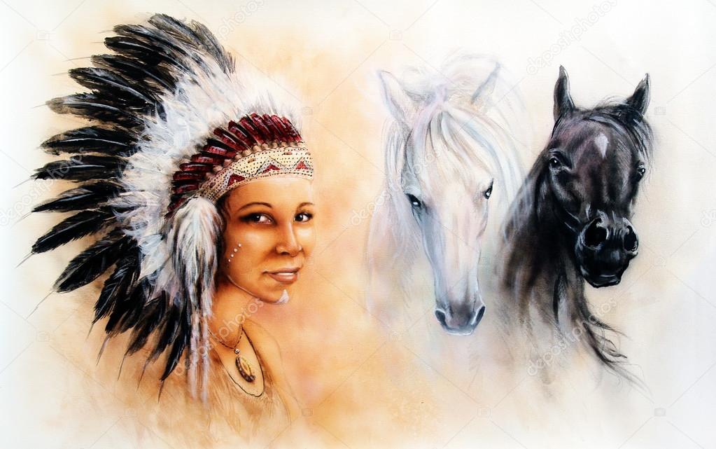 Beautiful  painting of a young indian woman wearing a gorgeous feather headdress, with an image of of black and white  horse