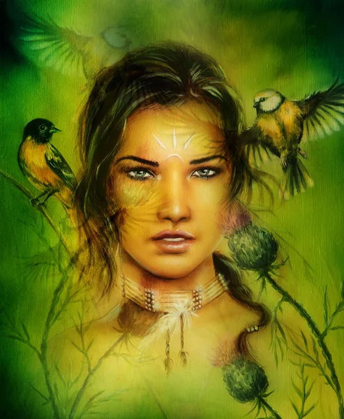 Beautiful airbrush portrait of a young enchanting woman face with feathers and long dark hair, looking directly up, with birds on green painting background — Stock Photo, Image