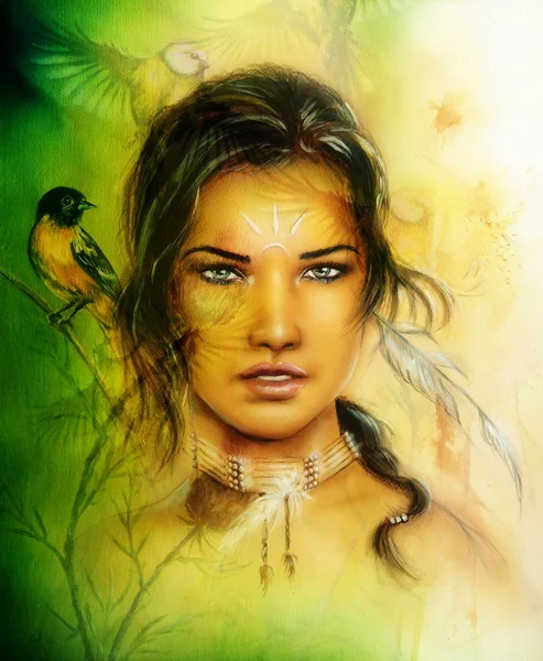 Vackra airbrush porträtt av en ung förtrollande kvinna ansikte med fjädrar och långa mörka hår, titta direkt upp, med fåglar på grön målning bakgrund — Stockfoto