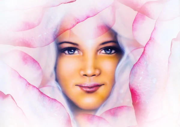 Beautiful painting of a young woman angelic face with blue eye, on abstract rose flower background, pink colored — стоковое фото