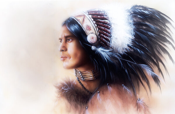 beautiful painting of a young indian warrior wearing a gorgeous feather headdress, profile portrait