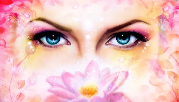 Ojos azules de las mujeres brillando encantadores por detrás de una flor de loto rosa en flor, con pájaro sobre fondo abstracto rosa. illust, contacto visual —  Fotos de Stock