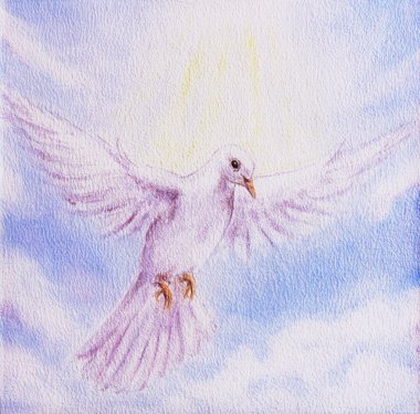 Dove portrait in clouds, white radiant holy flying peace symbol, colorful painting clipart