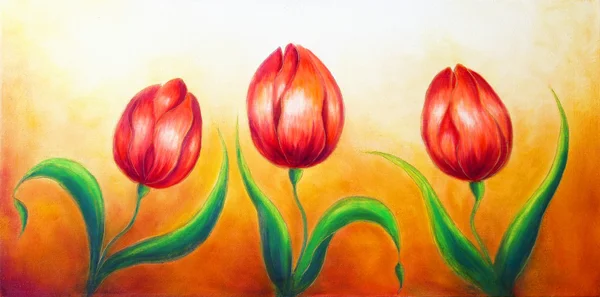 Flower motive, three dancing red tulip flowers, beautiful bright colorful painting on ocre background — Stock Photo, Image