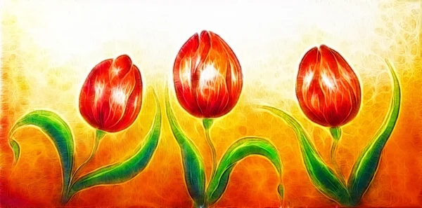 Blumenmotiv, drei tanzende rote Tulpenblüten, wunderschöne bunte Malerei auf ockerfarbenem Hintergrund — Stockfoto
