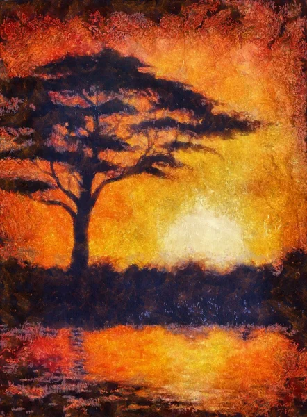 Solnedgång i Afrika med ett träd silhouette, vackra färgglada målning, med datorgrafik finish, aquarell effekt — Stockfoto