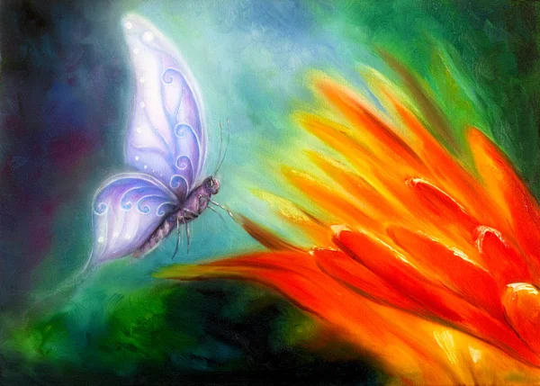 Borboleta voando em direção a uma flor laranja brilhante, bela pintura a óleo colorida detalhada na lona — Fotografia de Stock