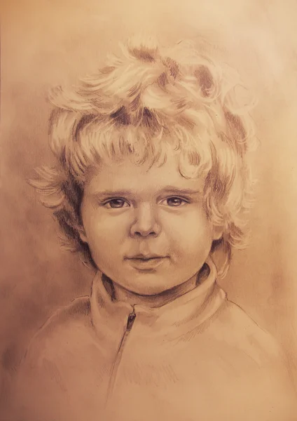 Retrato infantil, hermoso dibujo detallado de niño sobre fondo ocre —  Fotos de Stock