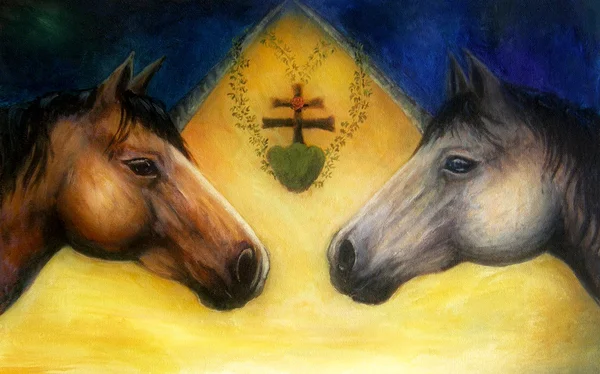 Deux têtes de cheval, belle peinture à l'huile détaillée sur toile — Photo