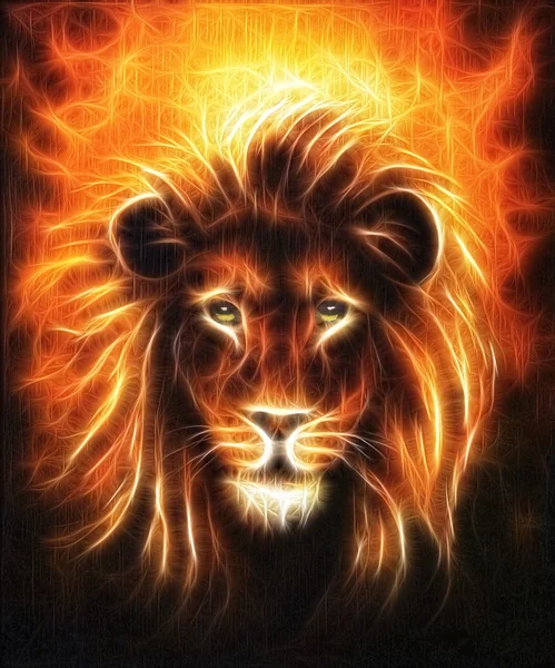 Портрет льва крупным планом, голова льва с золотой гривой, красивая детальная картина маслом на холсте, фрактальный эффект зрительного контакта — стоковое фото