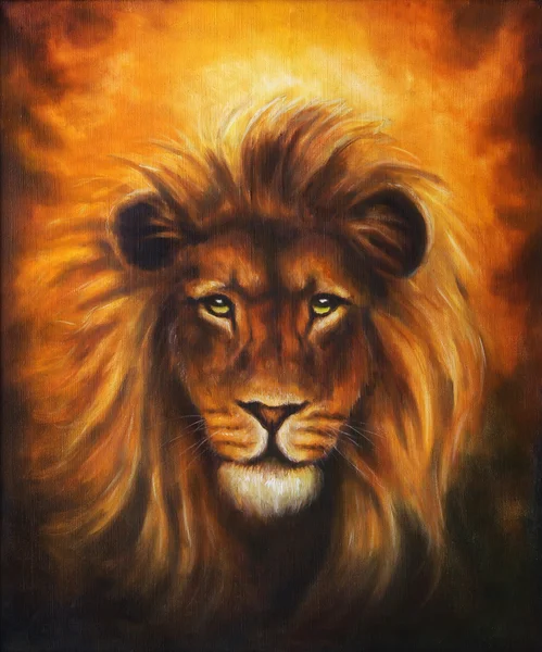 León cerca de retrato, cabeza de león con melena dorada, hermosa pintura al óleo detallada sobre lienzo, contacto visual — Foto de Stock