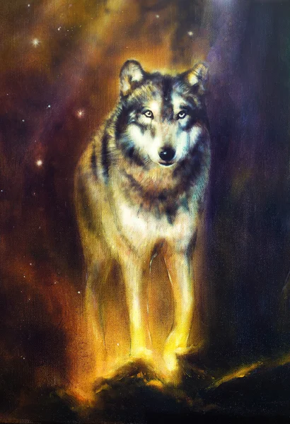 Wolfsporträt, mächtiger, kosmischer Wolf, der aus dem Licht geht, wunderschönes, detailliertes Ölgemälde auf Leinwand Stockbild