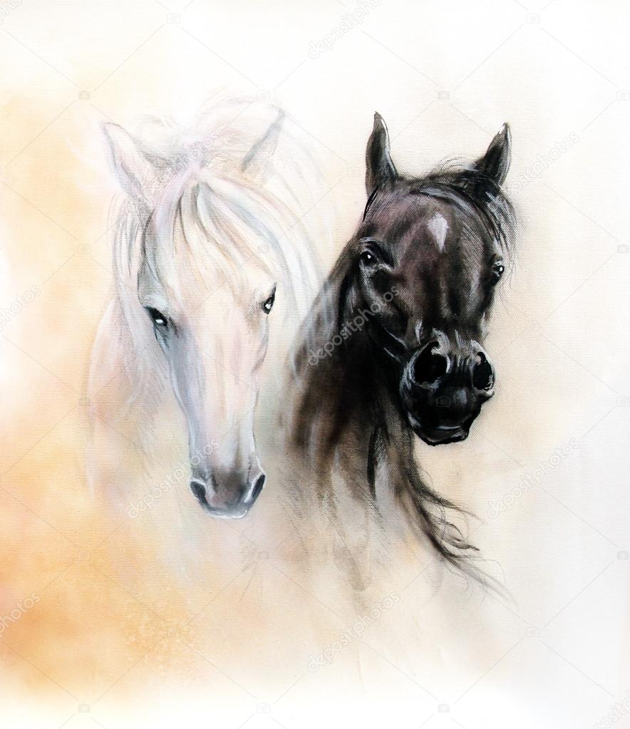Horse heads, two black and white horse spirits, beautiful detailed oil painting on canvas, abstract ocre background