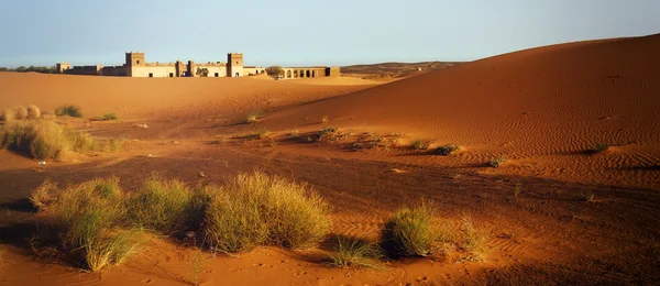 En marockanska öknen landskap med sanddyner, öken gräs plantation och en gammal arabisk fästning i bakgrunden, fångas i dagsljus — Stockfoto